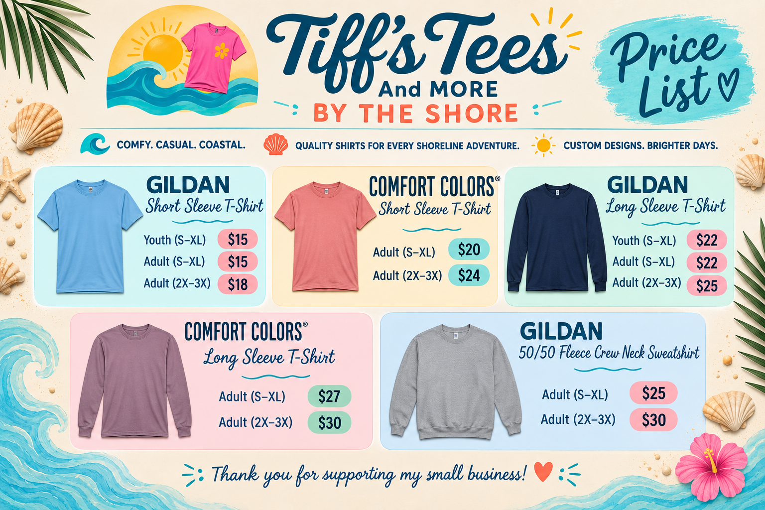 Tiff's Tees price list for Gildan and Comfort Colors shirts and Gildan fleece crewnecks