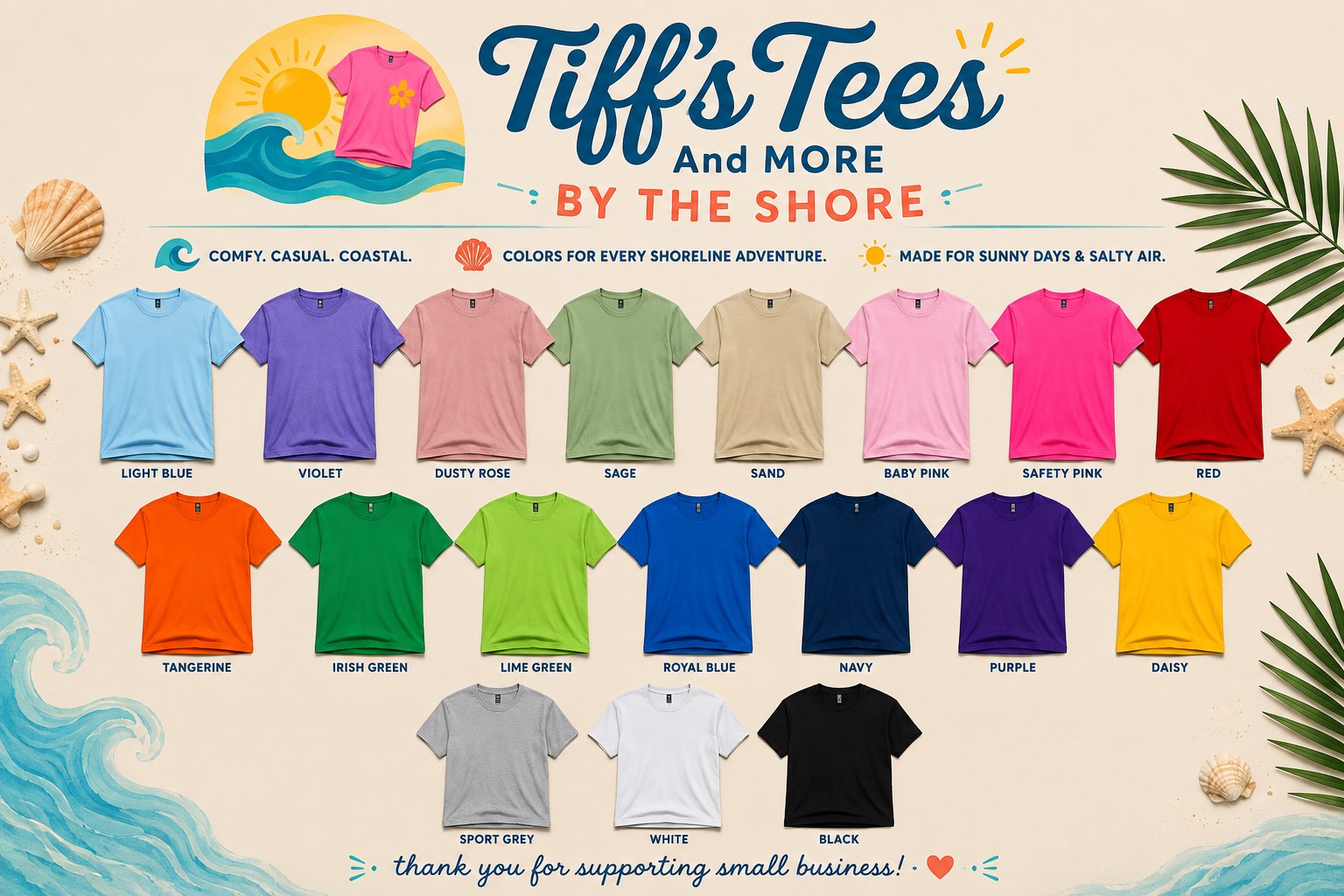 Available Tiff's Tees adult short sleeve shirt colors